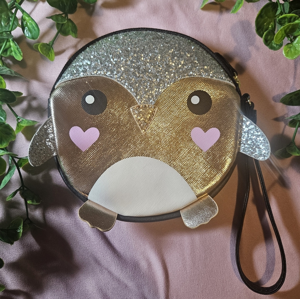 Betsey Johnson Glittery Silver and Gold Owl Wristlet